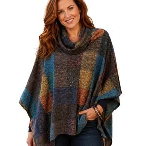 Adora Cowl Neck Poncho Womens One Size Multicolor Patchwork Knit Topper